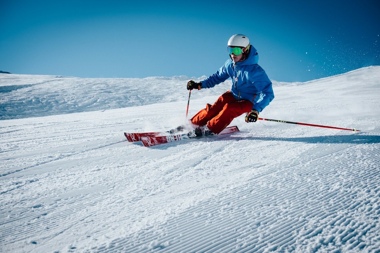Skiing on slopes of Val Thorens in The Three Valleys, France